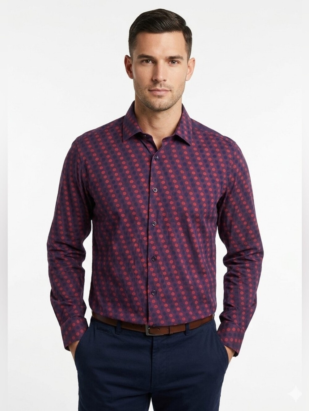 Jared Lang After Hours Dot-Pattern Skim Fit Men's Dress Shirt Size L